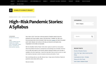Screenshot of "High-Risk Pandemic Stories: A Syllabus" on Disability Visibility website (full text available via link in post)