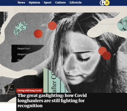 Screenshot of article from the Guardian, featuring illustration of a white woman looking away from the camera with collaged elements including images of pills, medical tests, and viruses.