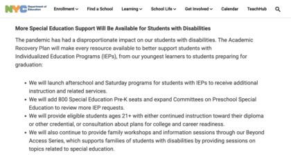Screenshot of NYC Department of Education website with a section entitled "More Special Education Support Will Be Available for Students with Disabilities" (full text available at link in post).